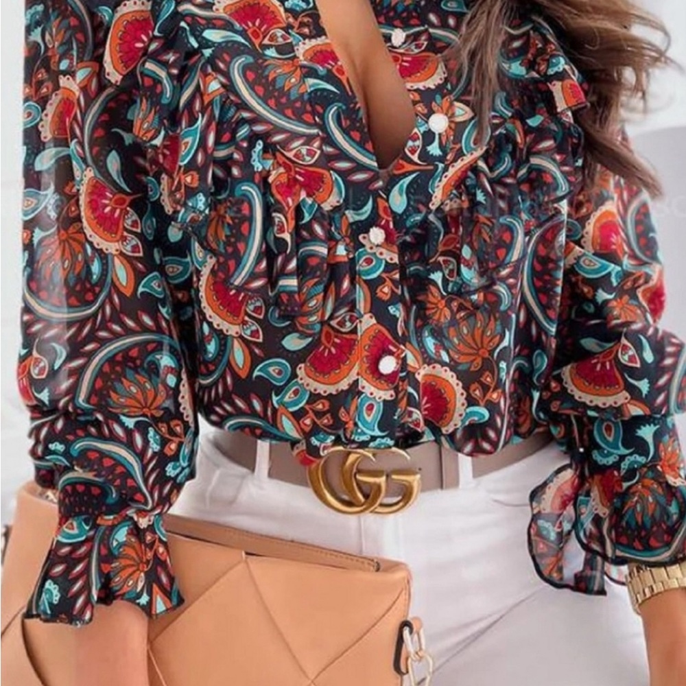 Ruffle & Paisley Print Blouse